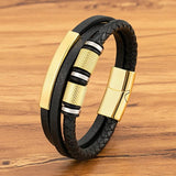 Leather Bracelet Rope Men Stainless Steel Bead Magnetic Clasp Bangle