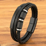 Leather Bracelet Rope Men Stainless Steel Bead Magnetic Clasp Bangle