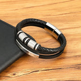 Leather Bracelet Rope Men Stainless Steel Bead Magnetic Clasp Bangle