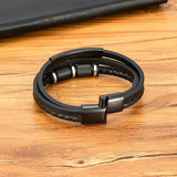 Leather Bracelet Rope Men Stainless Steel Bead Magnetic Clasp Bangle