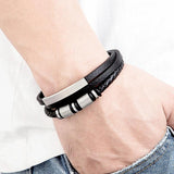 Leather Bracelet Rope Men Stainless Steel Bead Magnetic Clasp Bangle