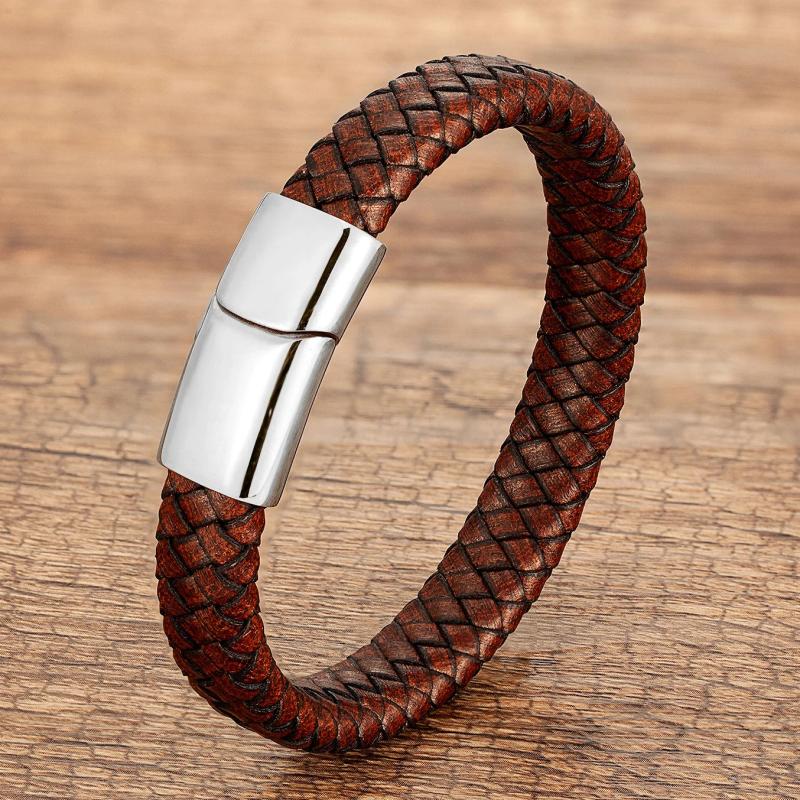 Men's Brown Leather Rope Bracelet with Stainless Steel Charm