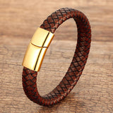 Men's Brown Leather Rope Bracelet with Stainless Steel Charm