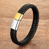 Men's Brown Leather Rope Bracelet with Stainless Steel Charm