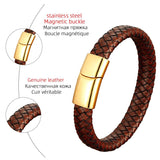 Men's Brown Leather Rope Bracelet with Stainless Steel Charm