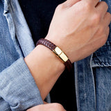 Men's Brown Leather Rope Bracelet with Stainless Steel Charm