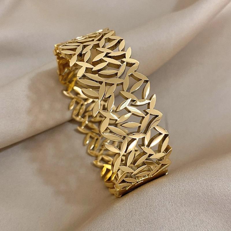 316l Stainless Steel Leaf Charm Wide Bangle Bracelet