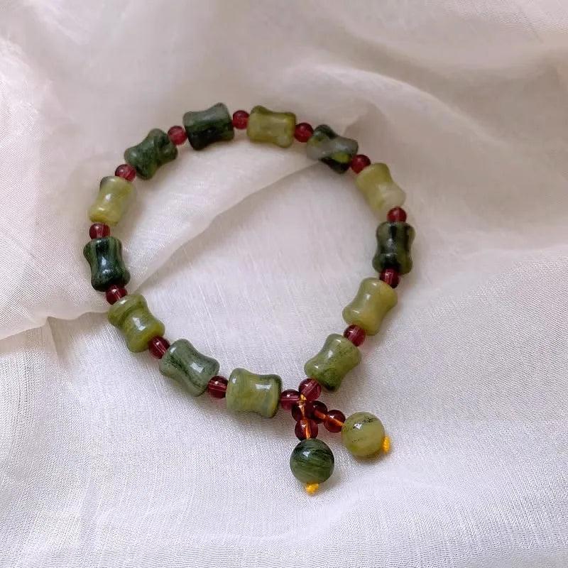 Natural Jade & Red Garnet Charm Bracelet for Women