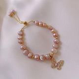 Pink Freshwater Pearl Butterfly Charm Bracelet 14K Filled