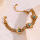 Boho Turquoise Sunflower Mesh Chain Bracelet 18K Plated Stainless Steel