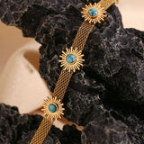 Boho Turquoise Sunflower Mesh Chain Bracelet 18K Plated Stainless Steel