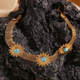 Boho Turquoise Sunflower Mesh Chain Bracelet 18K Plated Stainless Steel