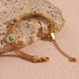 Boho Turquoise Sunflower Mesh Chain Bracelet 18K Plated Stainless Steel