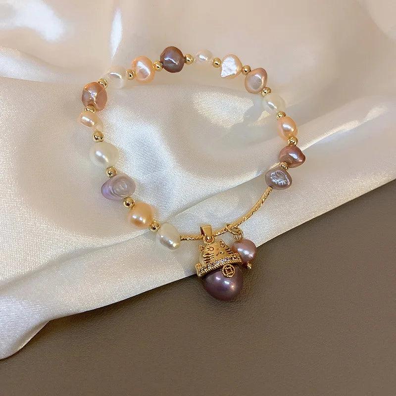 Natural Baroque Freshwater Pearl Cat Charm Bracelet