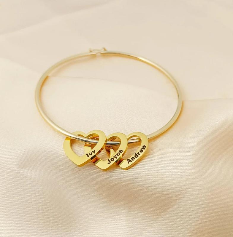 Personalized Hearts Name Bracelet Custom Engraved Bangle