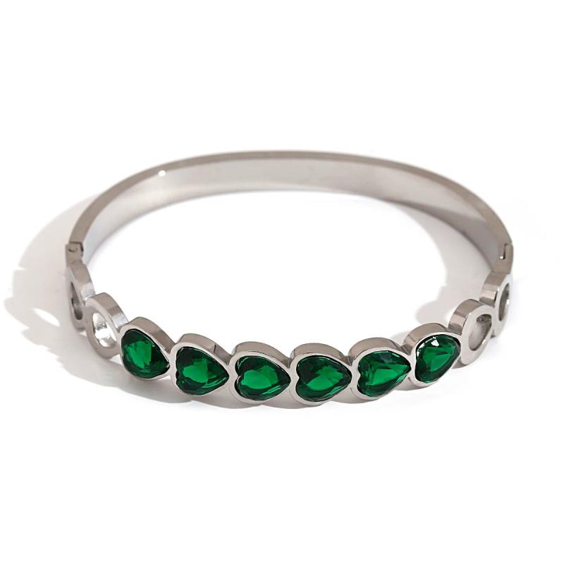 Green Crystal Heart Stainless Steel Bangles for Women