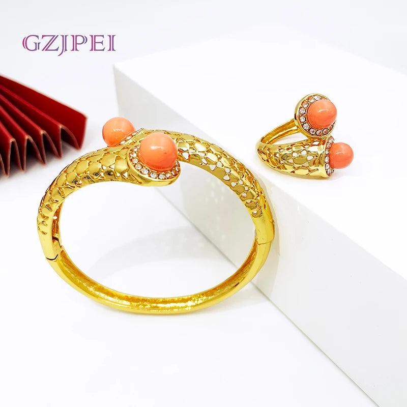 Vintage Women Bracelet Rings Set Cuff Bangle With Pearls Jewelry