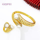Vintage Women Bracelet Rings Set Cuff Bangle With Pearls Jewelry