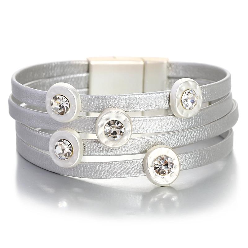 Crystal Silver Round Charm Leather Bracelets for Women