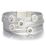 Crystal Silver Round Charm Leather Bracelets for Women