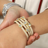 Crystal Silver Round Charm Leather Bracelets for Women