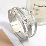 Crystal Silver Round Charm Leather Bracelets for Women