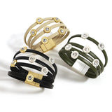 Crystal Silver Round Charm Leather Bracelets for Women
