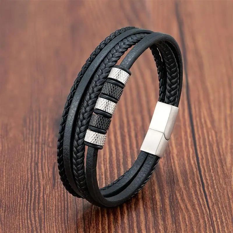 Volcanic Stone Leather Bracelet Men Stainless Steel Magnetic Clasp Bangle