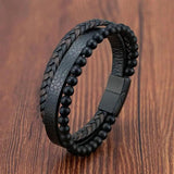 Volcanic Stone Leather Bracelet Men Stainless Steel Magnetic Clasp Bangle