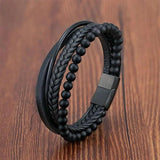 Volcanic Stone Leather Bracelet Men Stainless Steel Magnetic Clasp Bangle