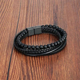 Volcanic Stone Leather Bracelet Men Stainless Steel Magnetic Clasp Bangle
