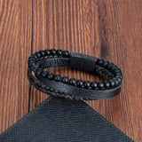 Volcanic Stone Leather Bracelet Men Stainless Steel Magnetic Clasp Bangle