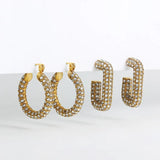 Paved Pearl CZ Hoop Earrings Stainless Steel Geometric Circle Jewelry