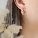 Paved Pearl CZ Hoop Earrings Stainless Steel Geometric Circle Jewelry