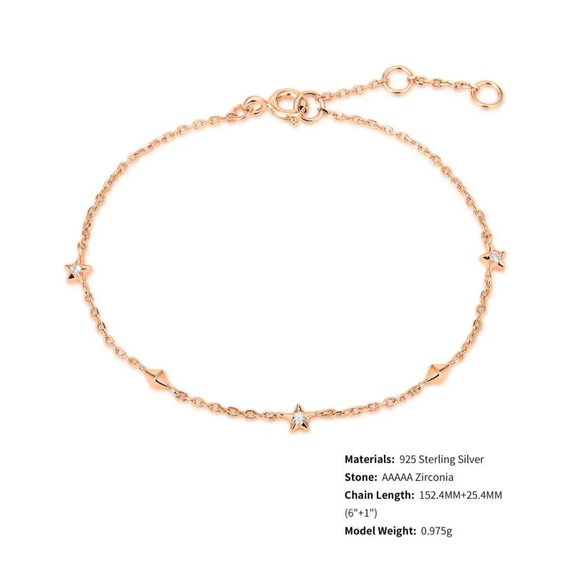 14K Rose Bracelet CZ Sparkling Star Silver Charm Bracelet
