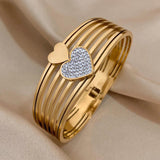 Rhinestone Heart Wide Stainless Steel Bangle Bracelet Charm Gift