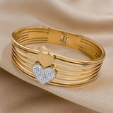 Rhinestone Heart Wide Stainless Steel Bangle Bracelet Charm Gift