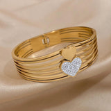 Rhinestone Heart Wide Stainless Steel Bangle Bracelet Charm Gift