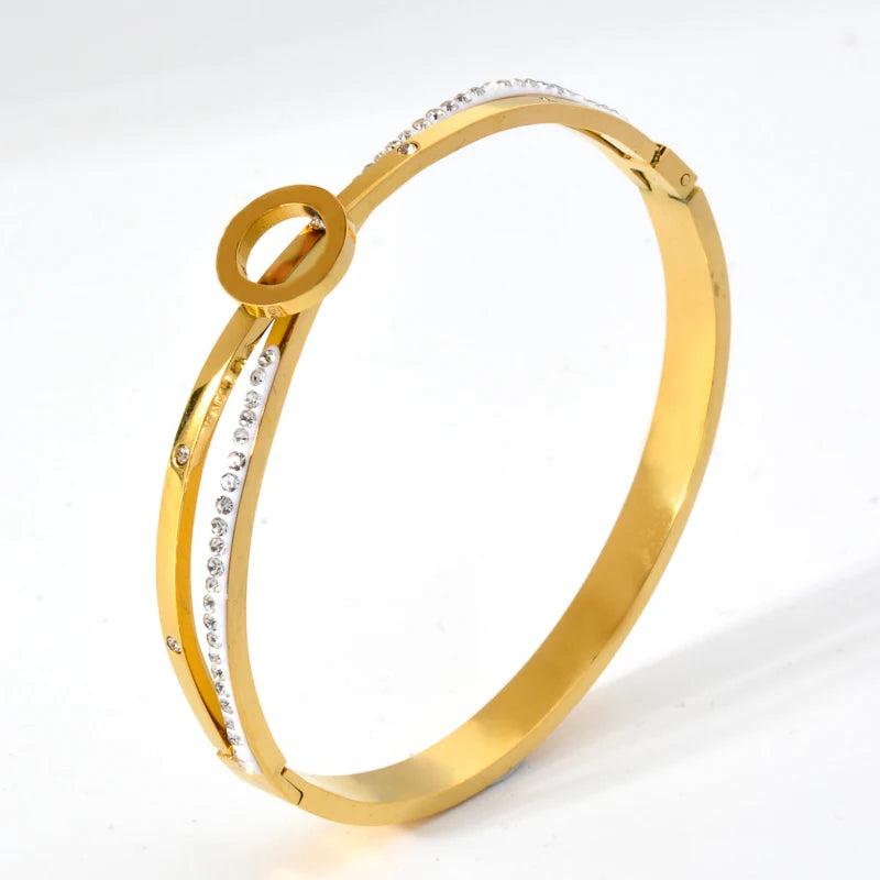Stainless Steel Lock Nail Bangle with Zircon, Couple Wrist Gift