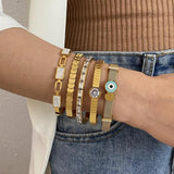 Evil Eye Shell Zircon Bangle Bracelet Stainless Steel Wrist Friendship Gift