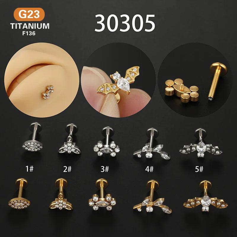F136 G23 Titanium Bat Horse Eye Lip Stud Earring 16g