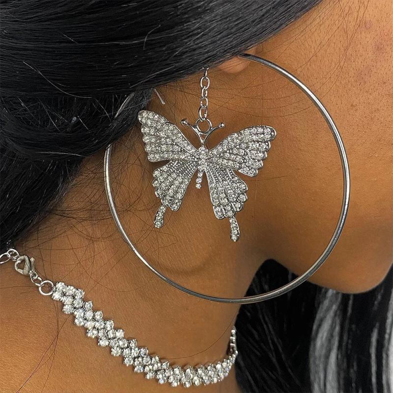 Butterfly Hoop Earrings Crystal Women Piercing Rhinestone Jewelry