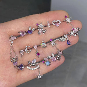 Pink Crystal Heart Bear Stud Earrings Purple Wings Cartilage Ear Studs