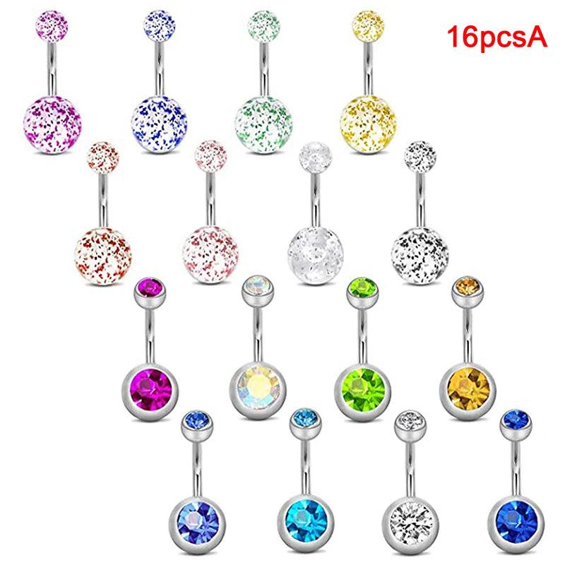 3-16pc/Set Surgical Steel Crystal Belly Button Rings