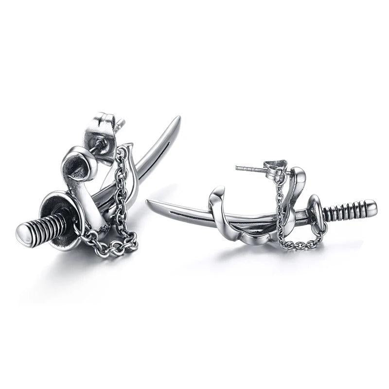 Men's Samurai Sword Stud Earrings Stainless Steel Punk Style