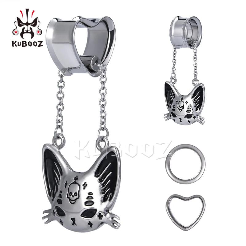 Cat Ear Tunnels Gauges Plugs Pendant Stainless Steel Earring Set