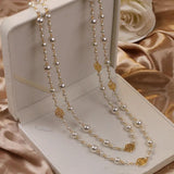 Vintage Lady Camellia Pearls Flower Long Necklace Chain Double Layers Jewelry