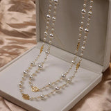 Vintage Lady Camellia Pearls Flower Long Necklace Chain Double Layers Jewelry