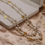 Vintage Lady Camellia Pearls Flower Long Necklace Chain Double Layers Jewelry