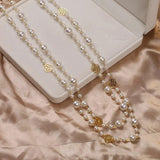 Vintage Lady Camellia Pearls Flower Long Necklace Chain Double Layers Jewelry